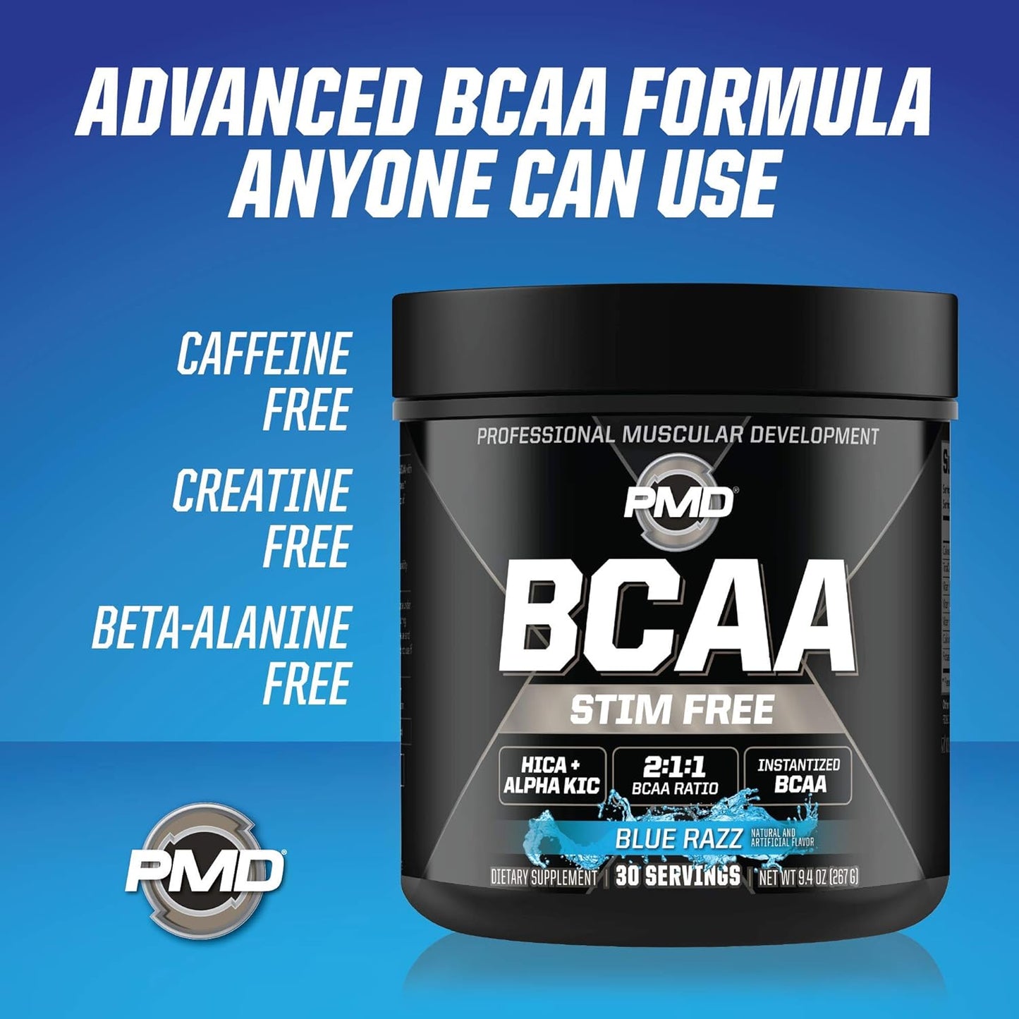 PMD Sports BCAA Stim-Free Amino Acids Powder - Blue Razz Flavor for Improved Workout Performance, Recovery, Energy, Muscle Building, and Preservation - 30 Servings
