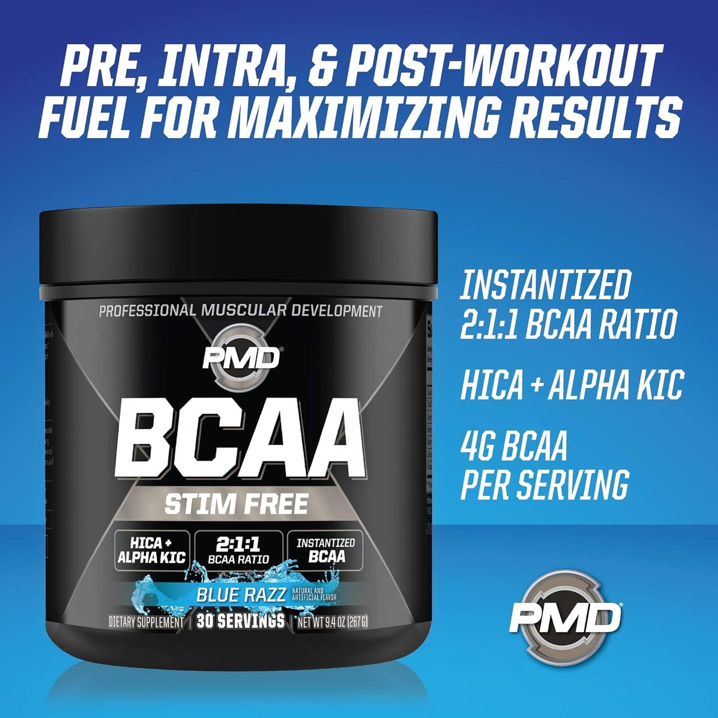PMD Sports BCAA Stim-Free Amino Acids Powder - Blue Razz Flavor for Improved Workout Performance, Recovery, Energy, Muscle Building, and Preservation - 30 Servings