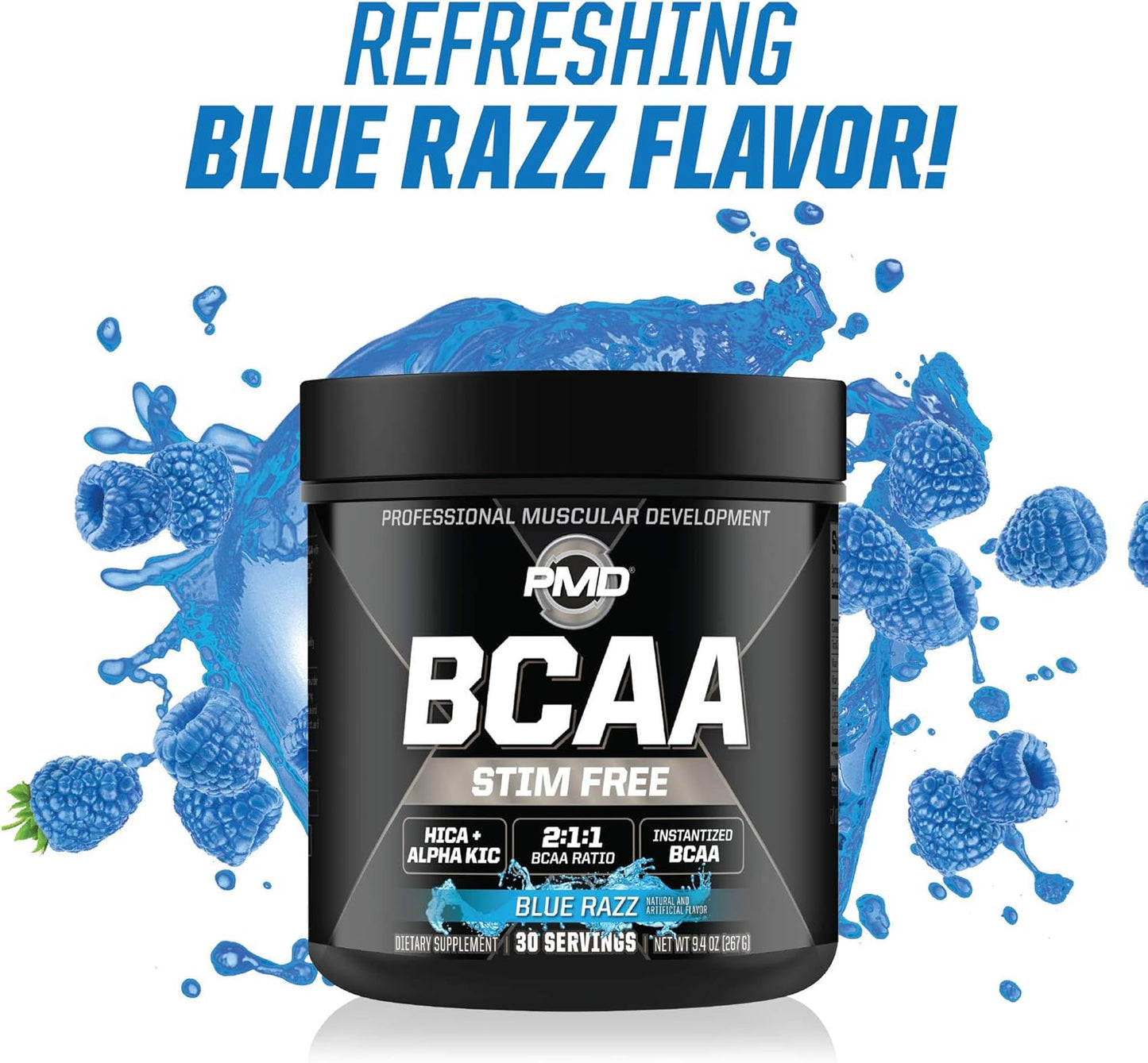 PMD Sports BCAA Stim-Free Amino Acids Powder - Blue Razz Flavor for Improved Workout Performance, Recovery, Energy, Muscle Building, and Preservation - 30 Servings
