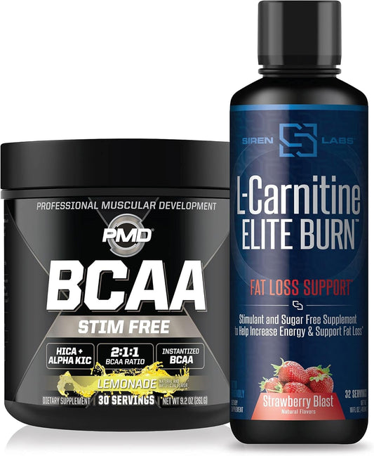 PMD Sports BCAA's Lemonade & Siren Labs L-Carnitine Elite Strawberry Blast Combo for Recovery, Performance, and Fat Loss Support