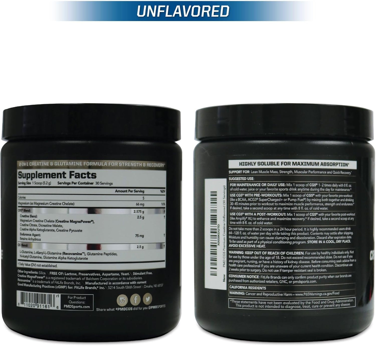 PMD Sports CG5 Premium Creatine & L Glutamine Powder for Lean Muscle & Workout Performance - Unflavored, 30 Servings