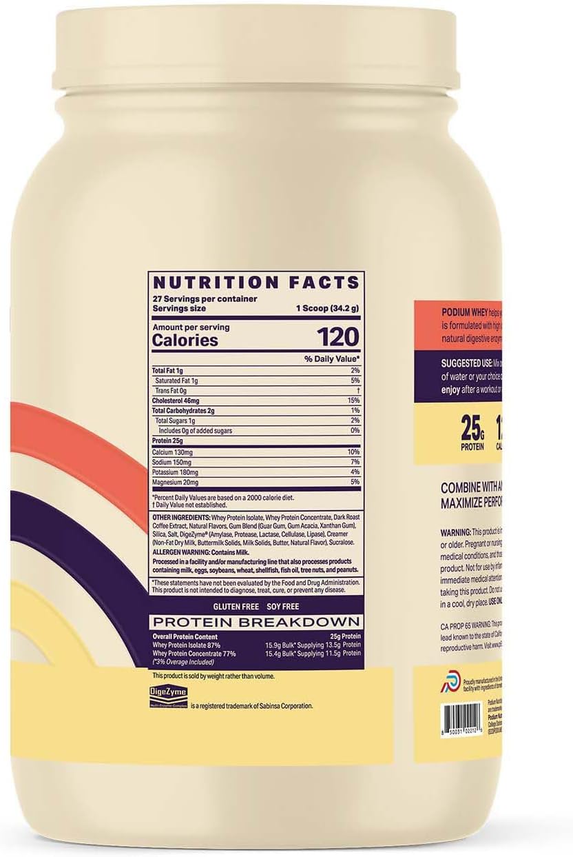 Podium Nutrition Coffee Ice Cream Whey Protein Powder - 27 Servings, 25g Protein Per Serving, Gluten & Soy Free