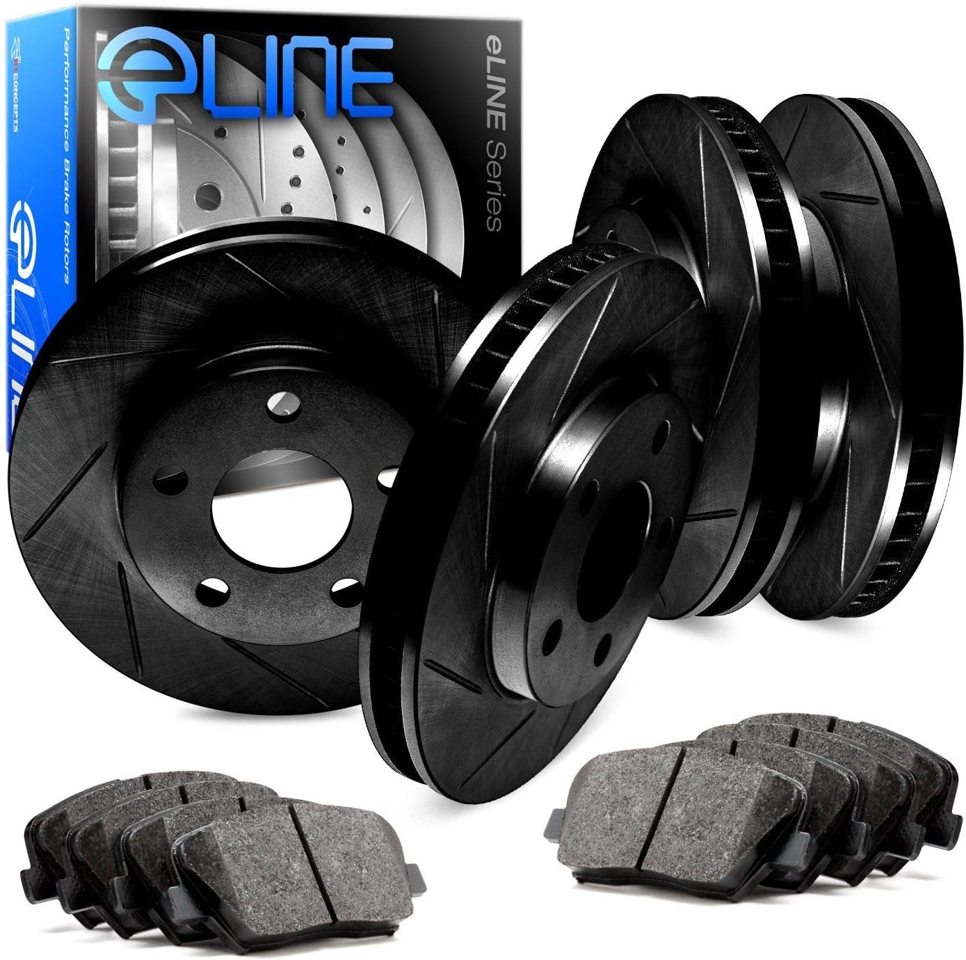 Porsche Cayenne R1 Concepts eLine Black Slotted Brake Rotors Kit with Ceramic Pads for Front and Rear