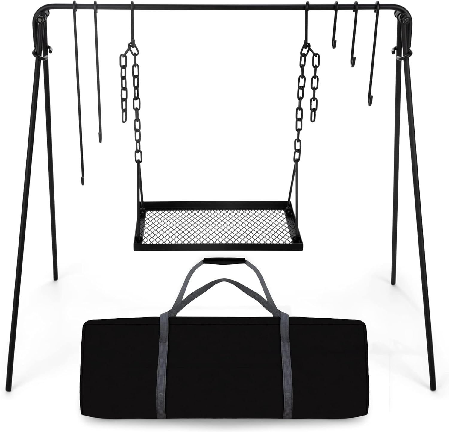 Portable Campfire Cooking Stand with Adjustable Legs, Hooks, Accessories, and Carrying Case - Ideal for BBQ, Cookware, and Dutch Oven - Bruntmor Swing Grill Stand