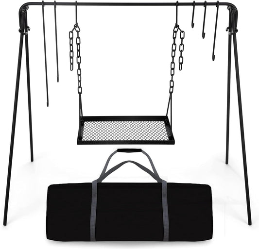 Portable Campfire Cooking Stand with Adjustable Legs, Hooks, Accessories, and Carrying Case - Ideal for BBQ, Cookware, and Dutch Oven - Bruntmor Swing Grill Stand
