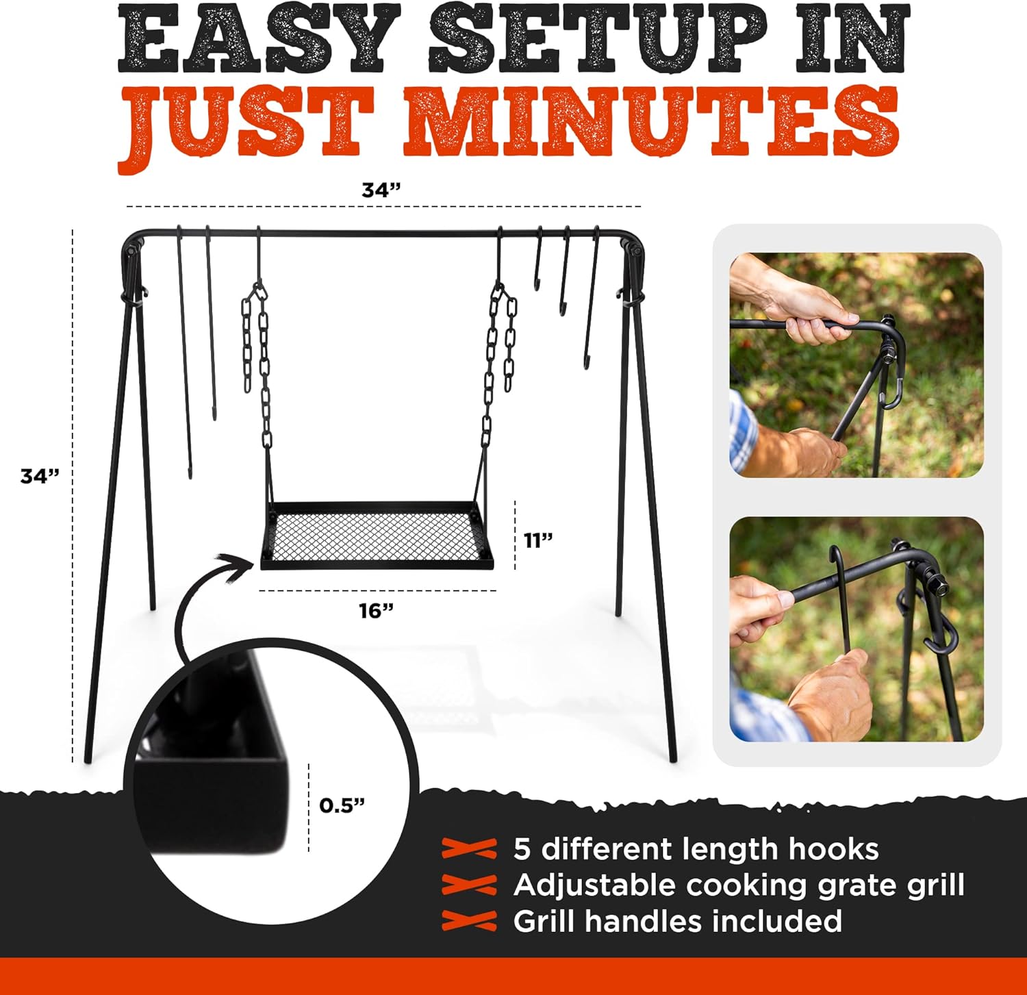 Portable Campfire Cooking Stand with Adjustable Legs, Hooks, Accessories, and Carrying Case - Ideal for BBQ, Cookware, and Dutch Oven - Bruntmor Swing Grill Stand