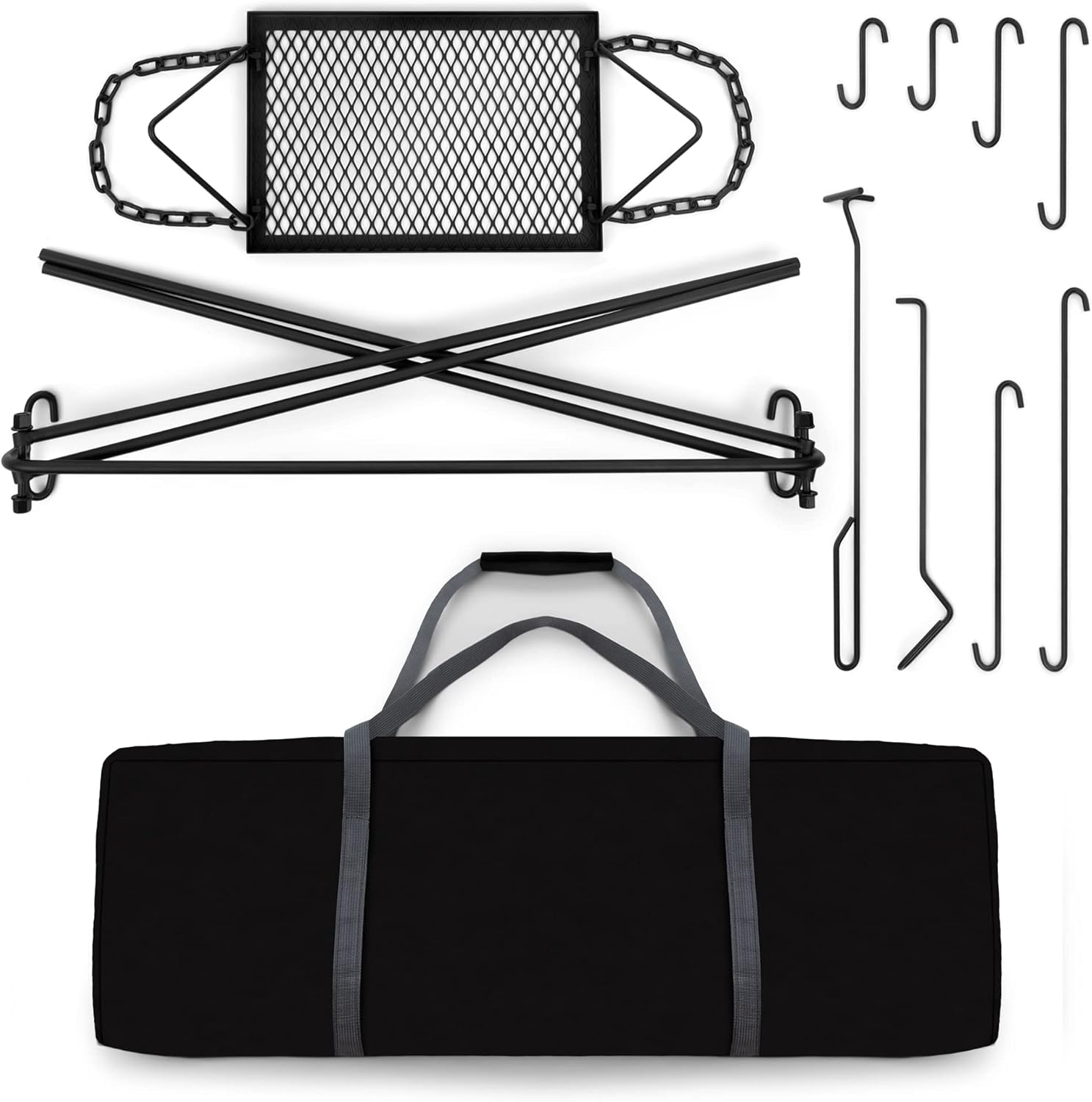 Portable Campfire Cooking Stand with Adjustable Legs, Hooks, Accessories, and Carrying Case - Ideal for BBQ, Cookware, and Dutch Oven - Bruntmor Swing Grill Stand