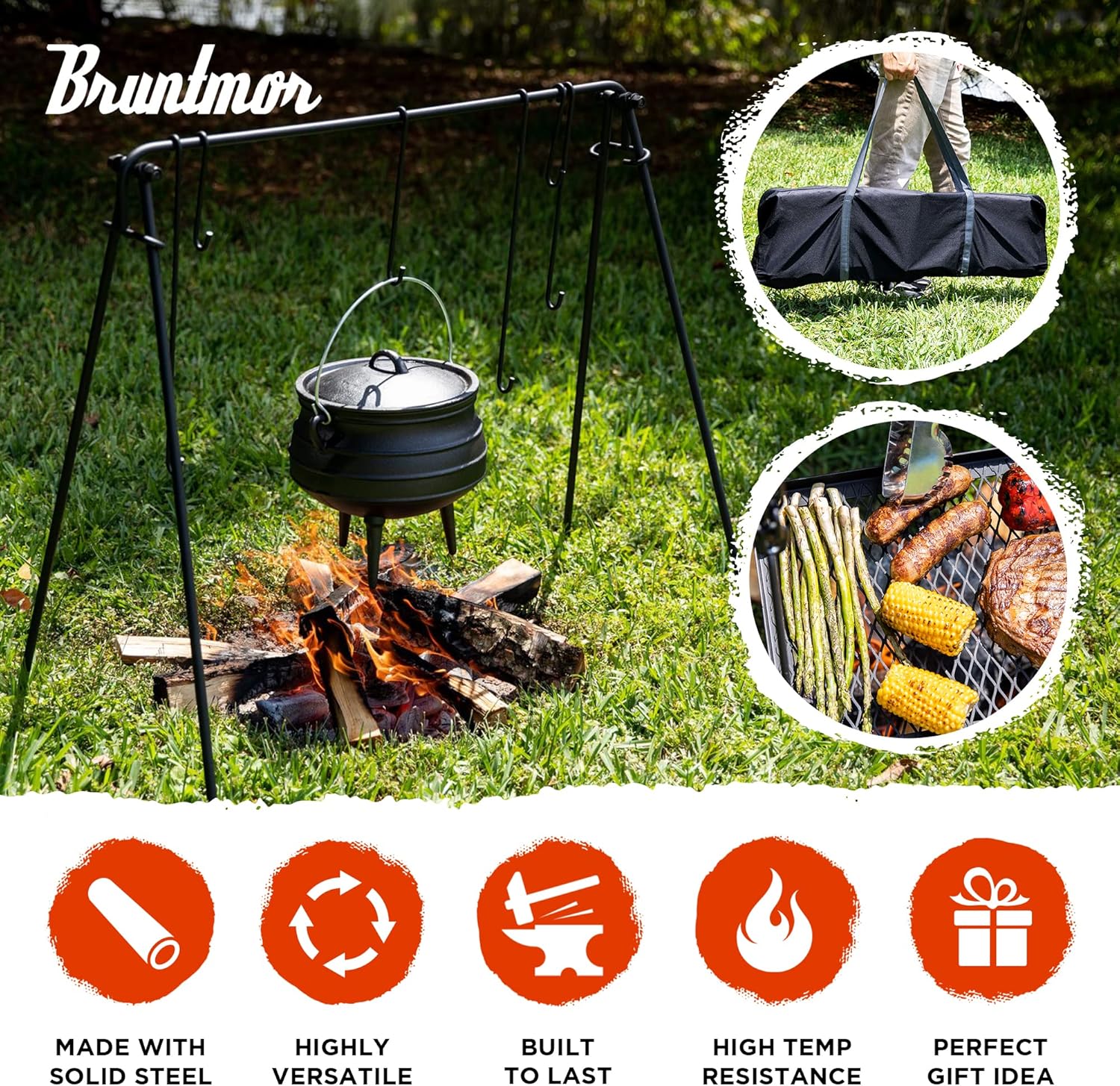 Portable Campfire Cooking Stand with Adjustable Legs, Hooks, Accessories, and Carrying Case - Ideal for BBQ, Cookware, and Dutch Oven - Bruntmor Swing Grill Stand