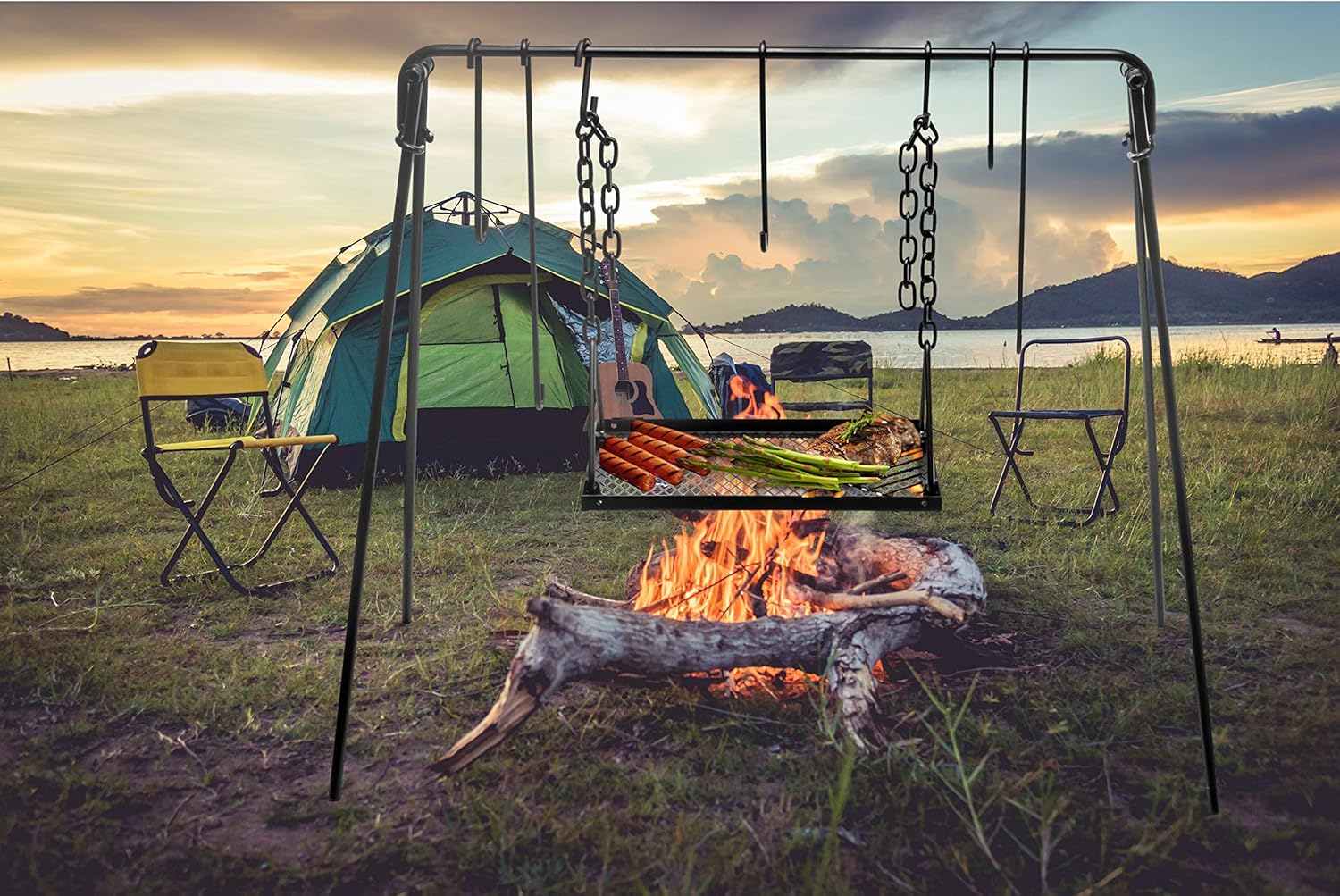 Portable Campfire Cooking Stand with Adjustable Legs, Hooks, Accessories, and Carrying Case - Ideal for BBQ, Cookware, and Dutch Oven - Bruntmor Swing Grill Stand