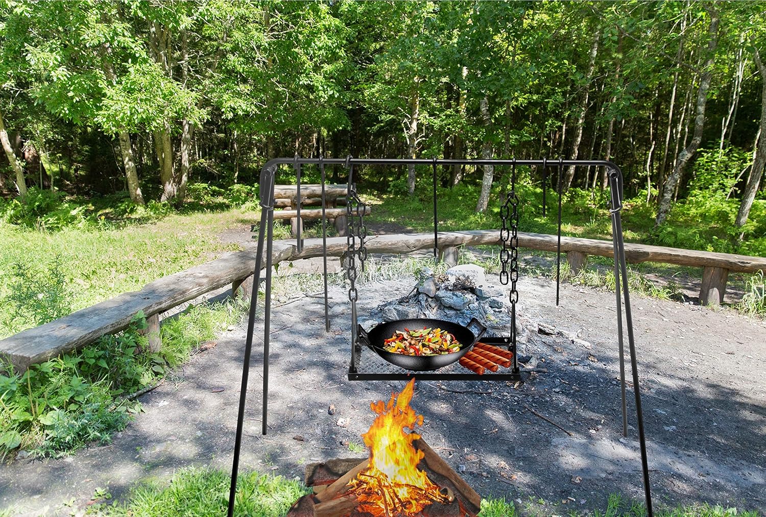 Portable Campfire Cooking Stand with Adjustable Legs, Hooks, Accessories, and Carrying Case - Ideal for BBQ, Cookware, and Dutch Oven - Bruntmor Swing Grill Stand