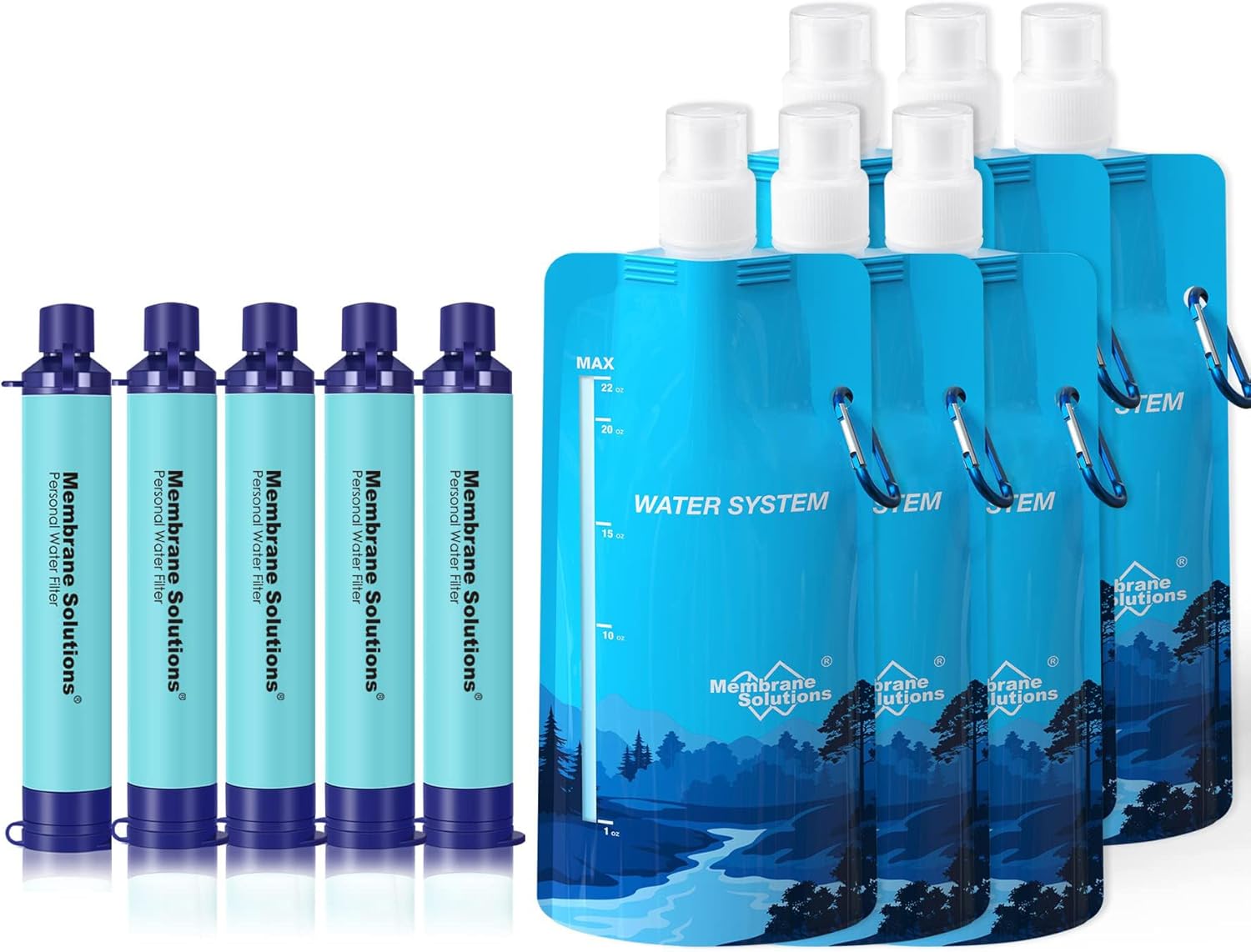 Portable Squeezable Water Filtration System for Survival, Backpacking, Hiking, Camping - Includes Filter Straw and Collapsible Bottle