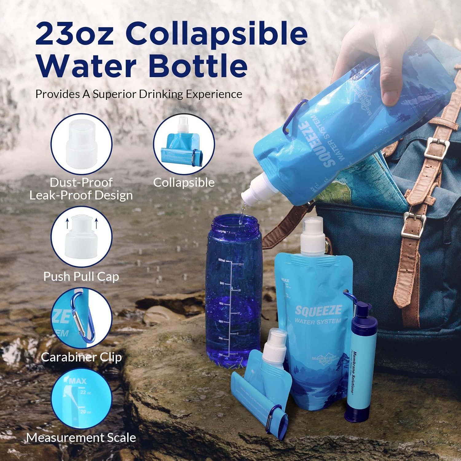 Portable Squeezable Water Filtration System for Survival, Backpacking, Hiking, Camping - Includes Filter Straw and Collapsible Bottle