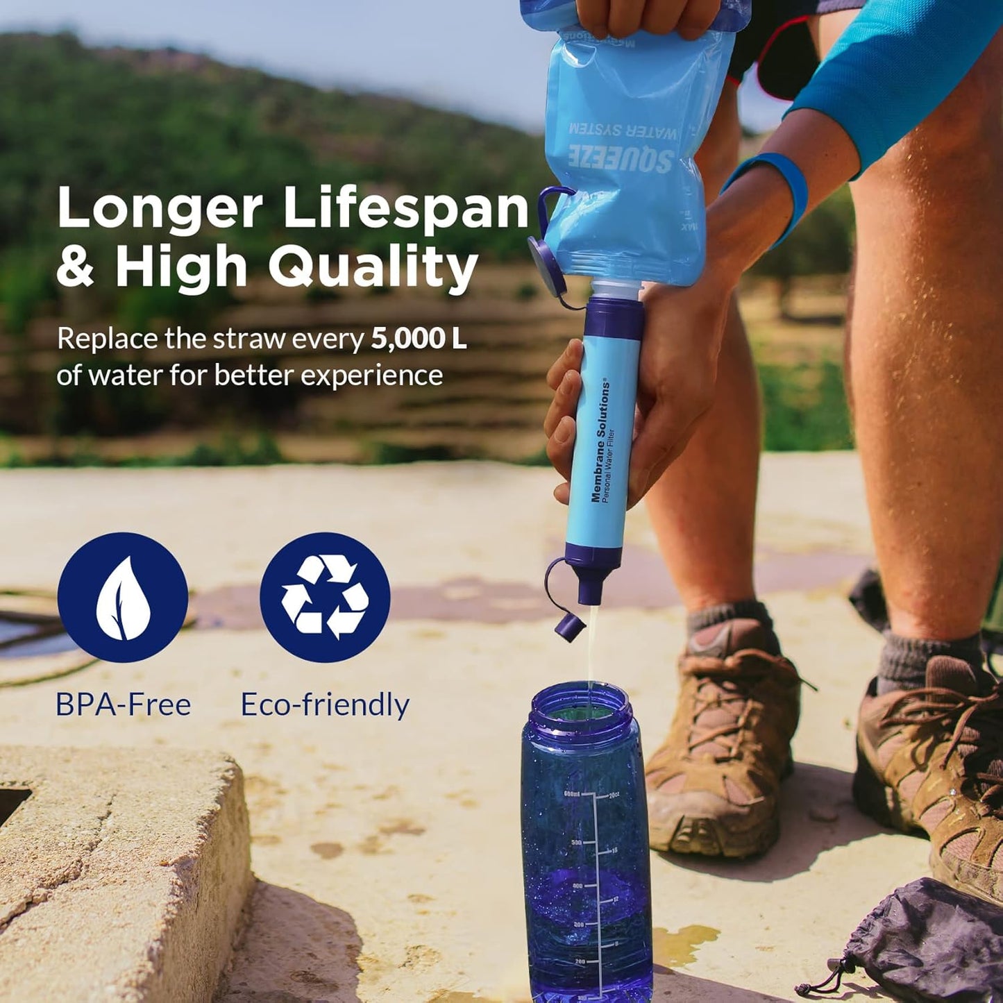 Portable Squeezable Water Filtration System for Survival, Backpacking, Hiking, Camping - Includes Filter Straw and Collapsible Bottle