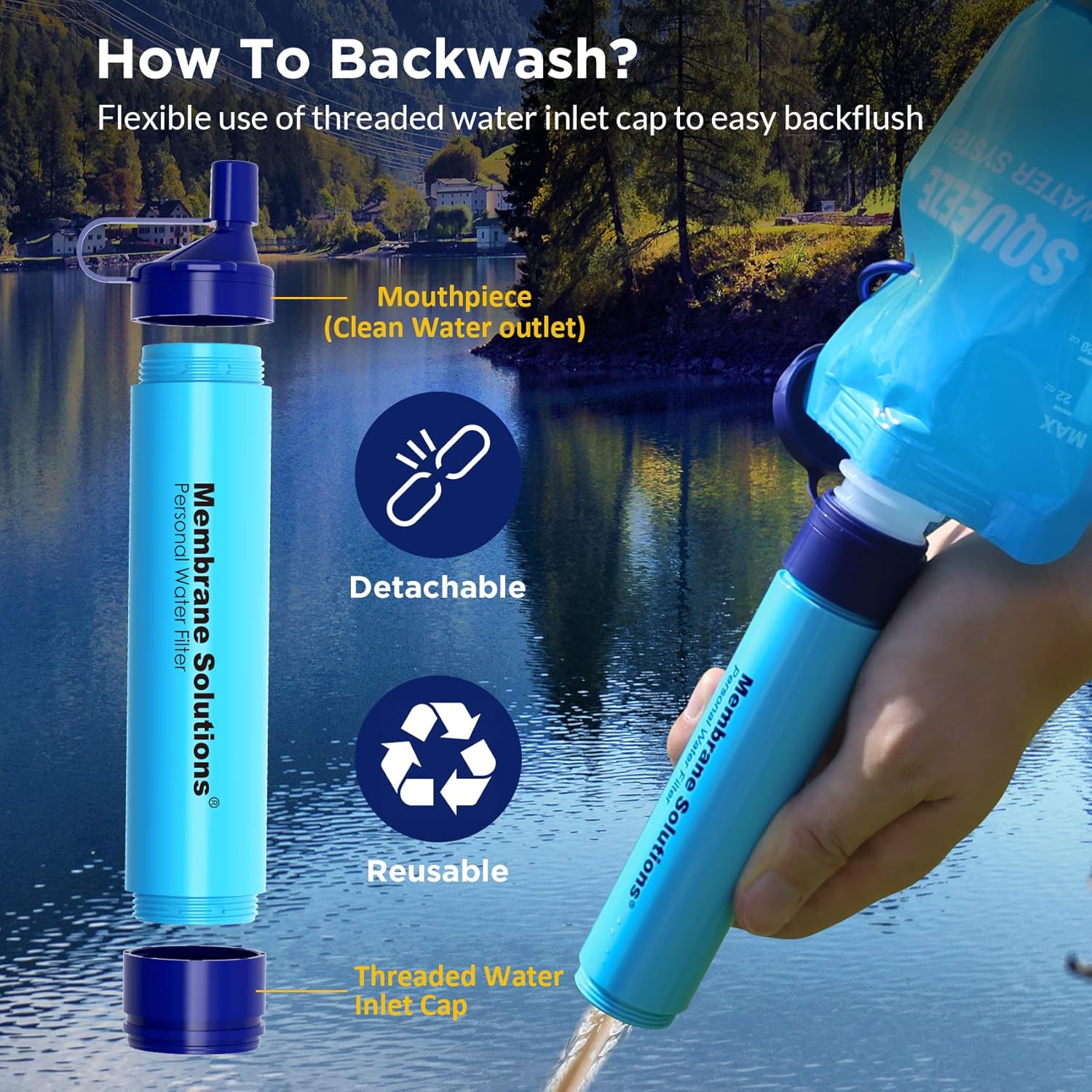 Portable Squeezable Water Filtration System for Survival, Backpacking, Hiking, Camping - Includes Filter Straw and Collapsible Bottle