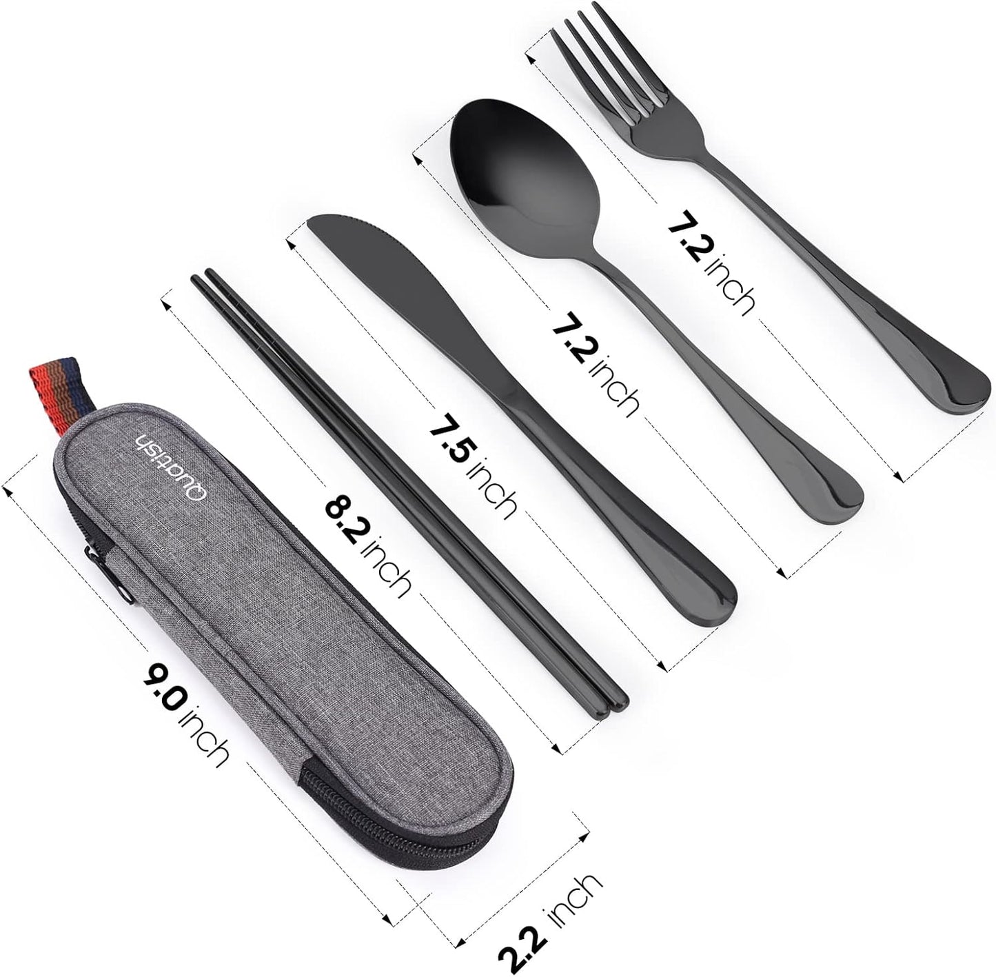 Portable Stainless Steel Travel Utensils Set with Case - Reusable Cutlery for Camping, Picnic, Lunch Box - Black Fork and Spoon Kit for Men