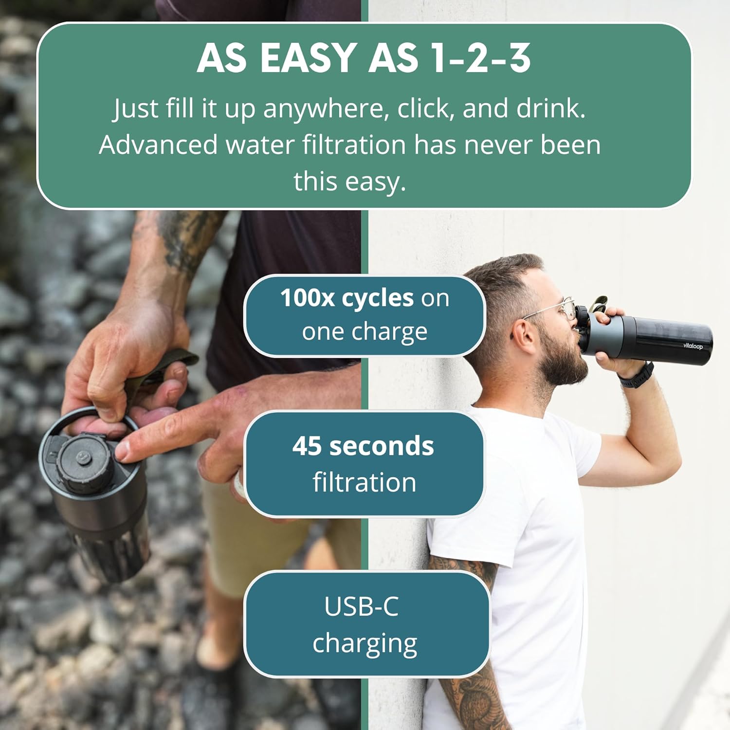 Portable Water Purifier Bottle | Vitaloop Filter for Travel, Survival, Hiking & Camping | Award-Winning Design | 1-Year Warranty