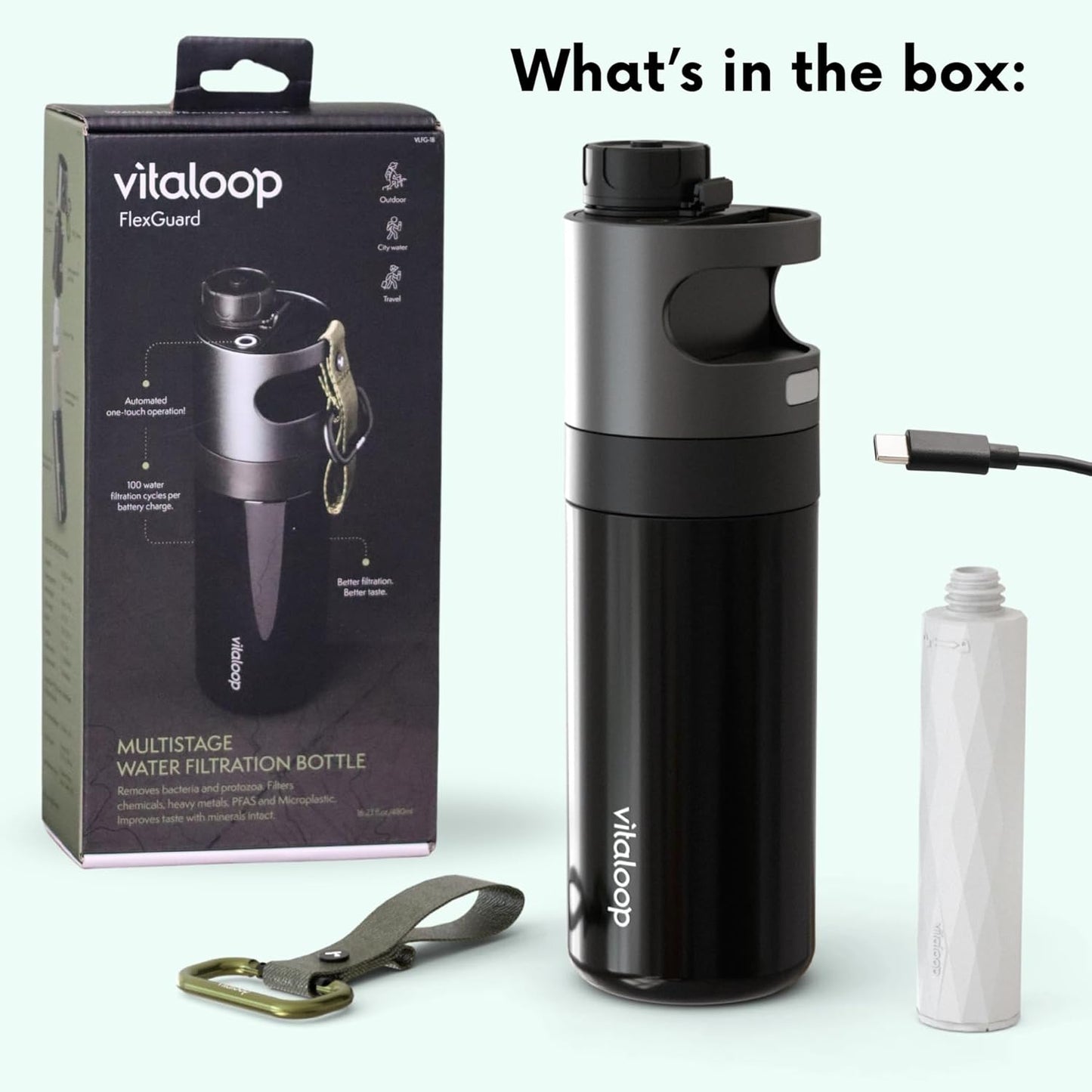 Portable Water Purifier Bottle | Vitaloop Filter for Travel, Survival, Hiking & Camping | Award-Winning Design | 1-Year Warranty