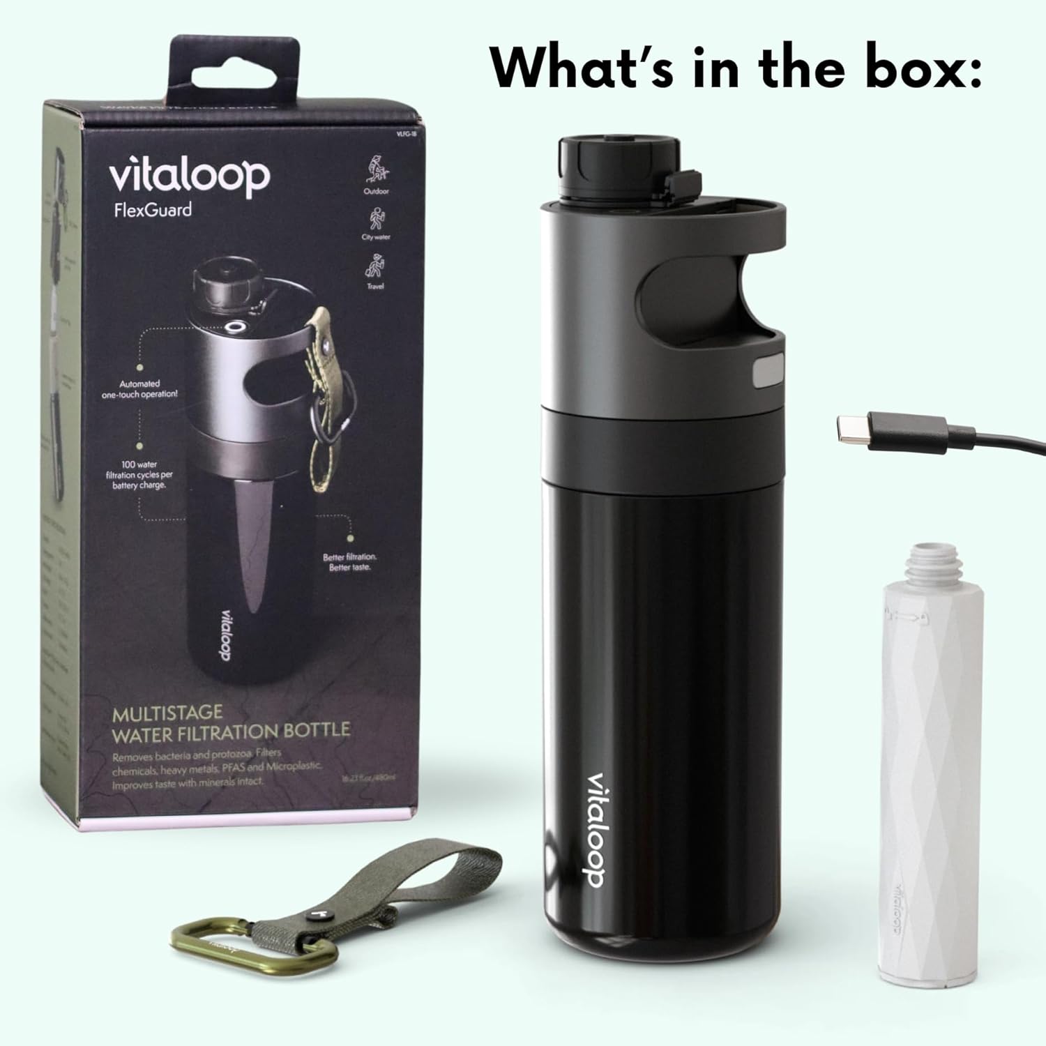 Portable Water Purifier Bottle | Vitaloop Filter for Travel, Survival, Hiking & Camping | Award-Winning Design | 1-Year Warranty