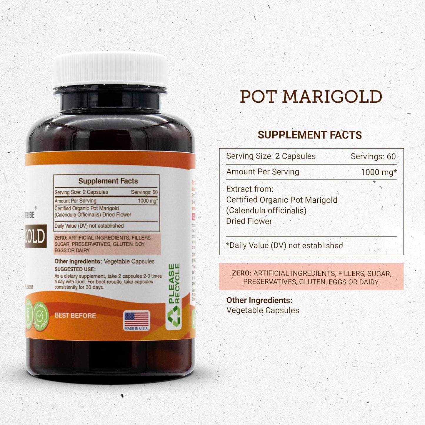 Pot Marigold (Calendula Officinalis) Dried Flower Capsules - 1000 mg, 120 Count by Secrets of the Tribe