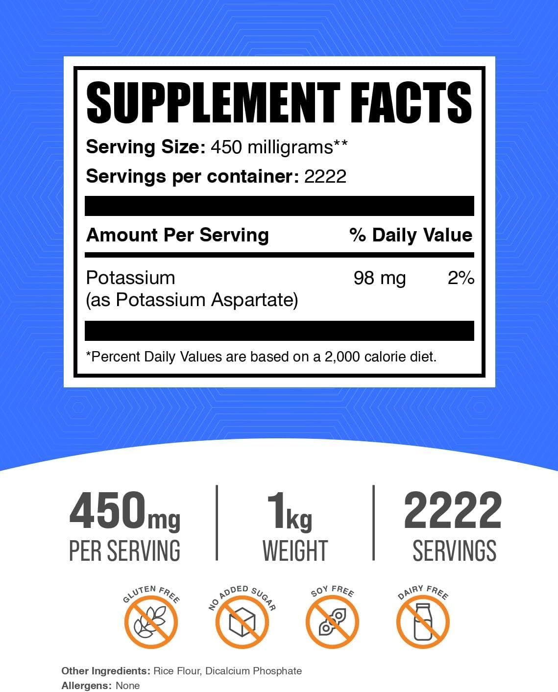 Potassium Aspartate Powder Supplement - 1kg (2.2 lbs) Gluten Free Potassium Supplement 450mg per Serving
