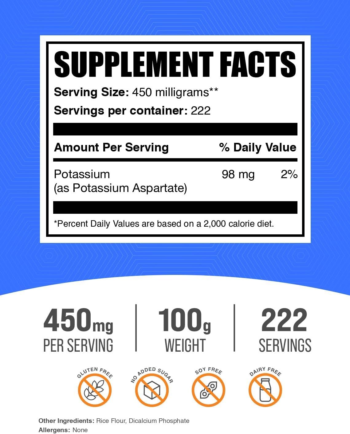 Potassium Aspartate Powder Supplement - Gluten Free, 450mg (98mg Potassium) per Serving - 100g (3.5 oz) Pack of 1 by BulkSupplements