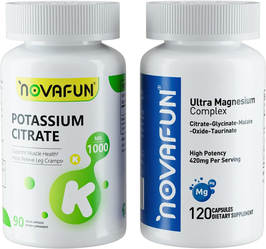 Potassium Citrate 1000mg & Magnesium Complex Bundle for Heart, Muscle, Nerve, Bone Health - Novafun Supplement