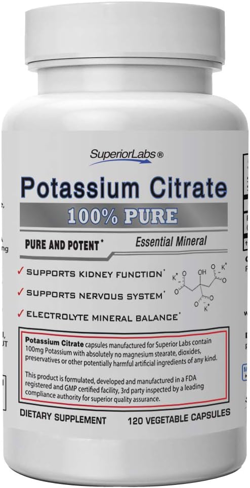 Potassium Citrate NonGMO Supplement - 100 mg Dosage, 120 Capsules - Supports Kidney Function & Mineral Balance for Overall Health by Superior Labs