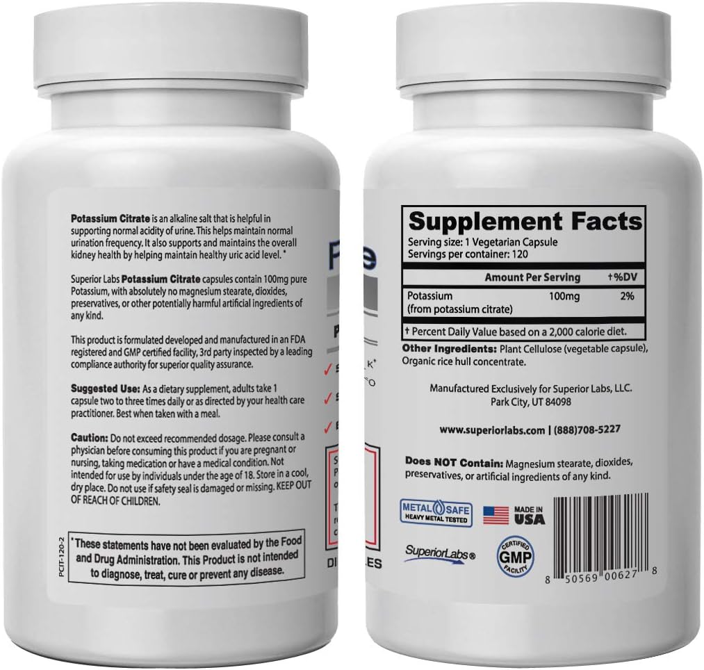Potassium Citrate NonGMO Supplement - 100 mg Dosage, 120 Capsules - Supports Kidney Function & Mineral Balance for Overall Health by Superior Labs