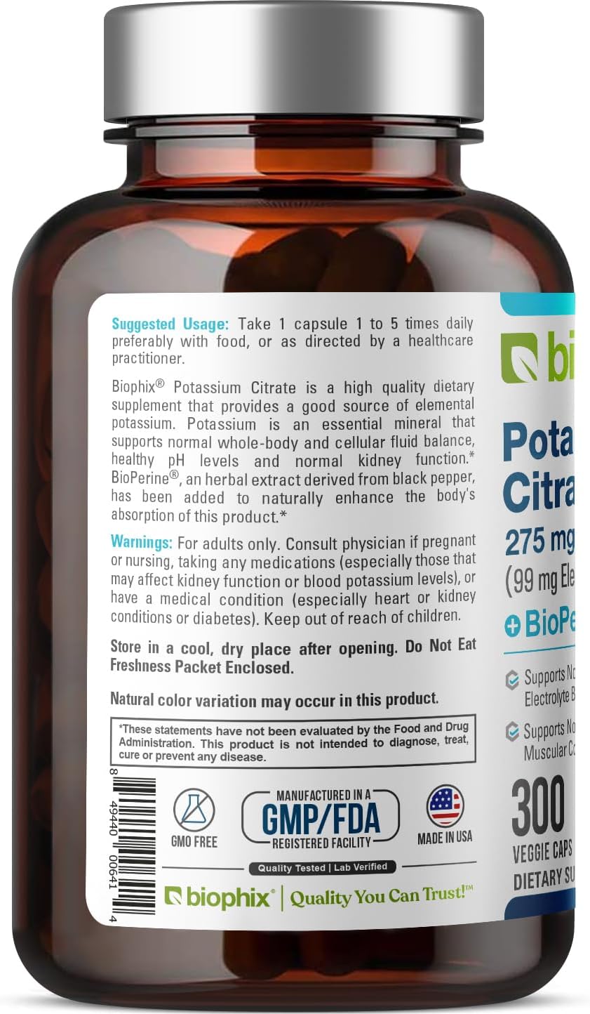 Potassium Citrate with BioPerine 275mg - 300 Veg Capsules for Electrolyte Balance, Nerve & Muscle Function