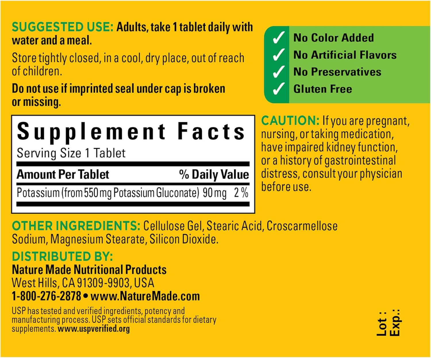 Potassium Gluconate 550mg Dietary Supplement for Heart Support - 200 Tablets, 100 Day Supply