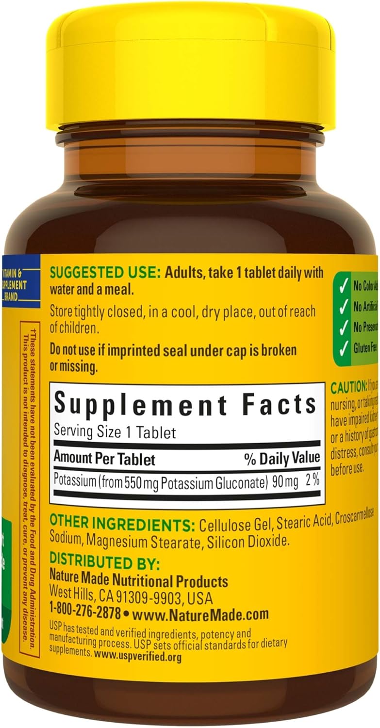 Potassium Gluconate 550mg Dietary Supplement for Heart Support - 200 Tablets, 100 Day Supply