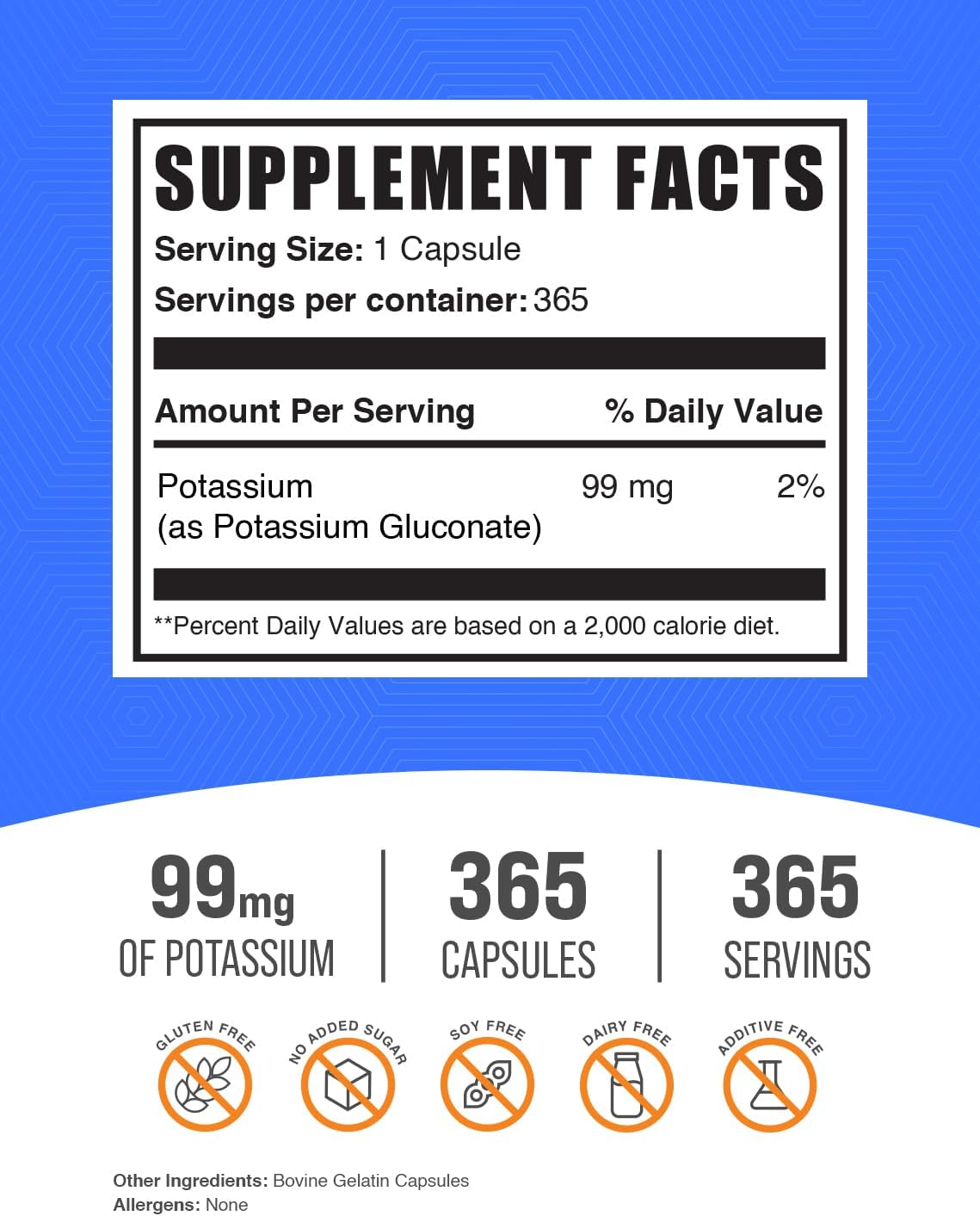 Potassium Gluconate Capsules 99mg - Gluten Free Potassium Supplement - 365 Capsules - BulkSupplements.com