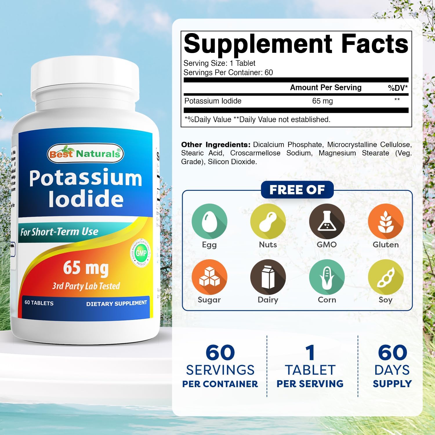 Potassium Iodide 65mg Tablets - Best Natural Dietary Supplement, 60 Count Pack of 1