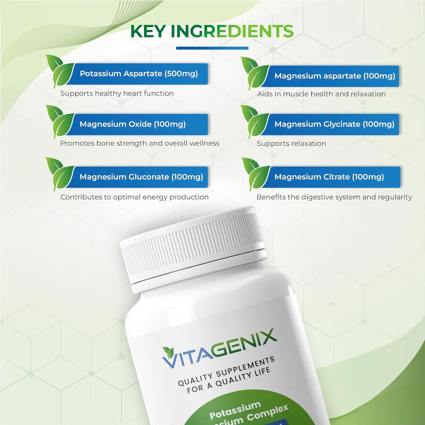 Potassium Magnesium Complex Supplement for Muscle, Bone, and Heart Health - High Absorption Blend of Aspartate, Oxide, Glycinate, Gluconate, and Citrate - Non GMO - 1 Pack