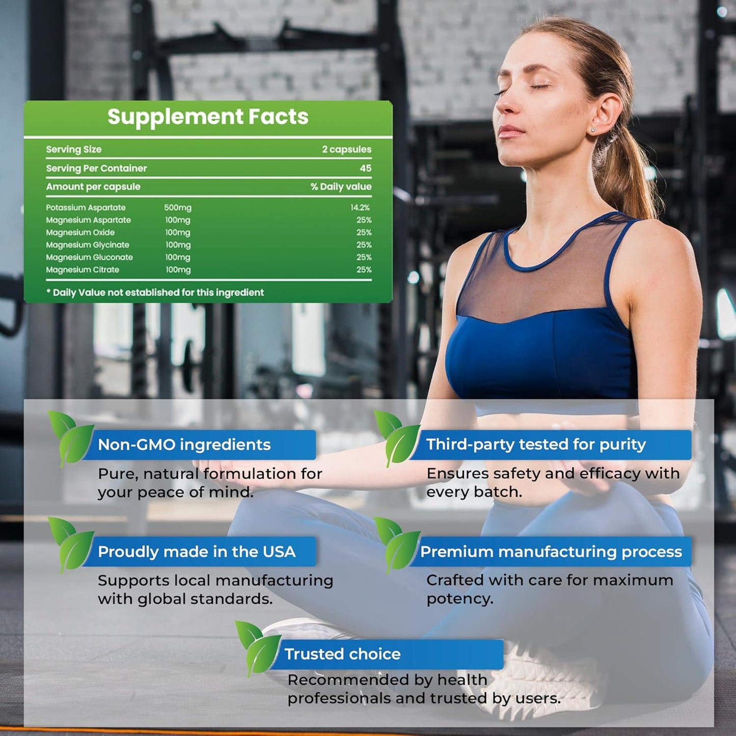 Potassium Magnesium Complex Supplement for Muscle, Bone, and Heart Health - High Absorption Blend of Aspartate, Oxide, Glycinate, Gluconate, and Citrate - Non GMO - 1 Pack