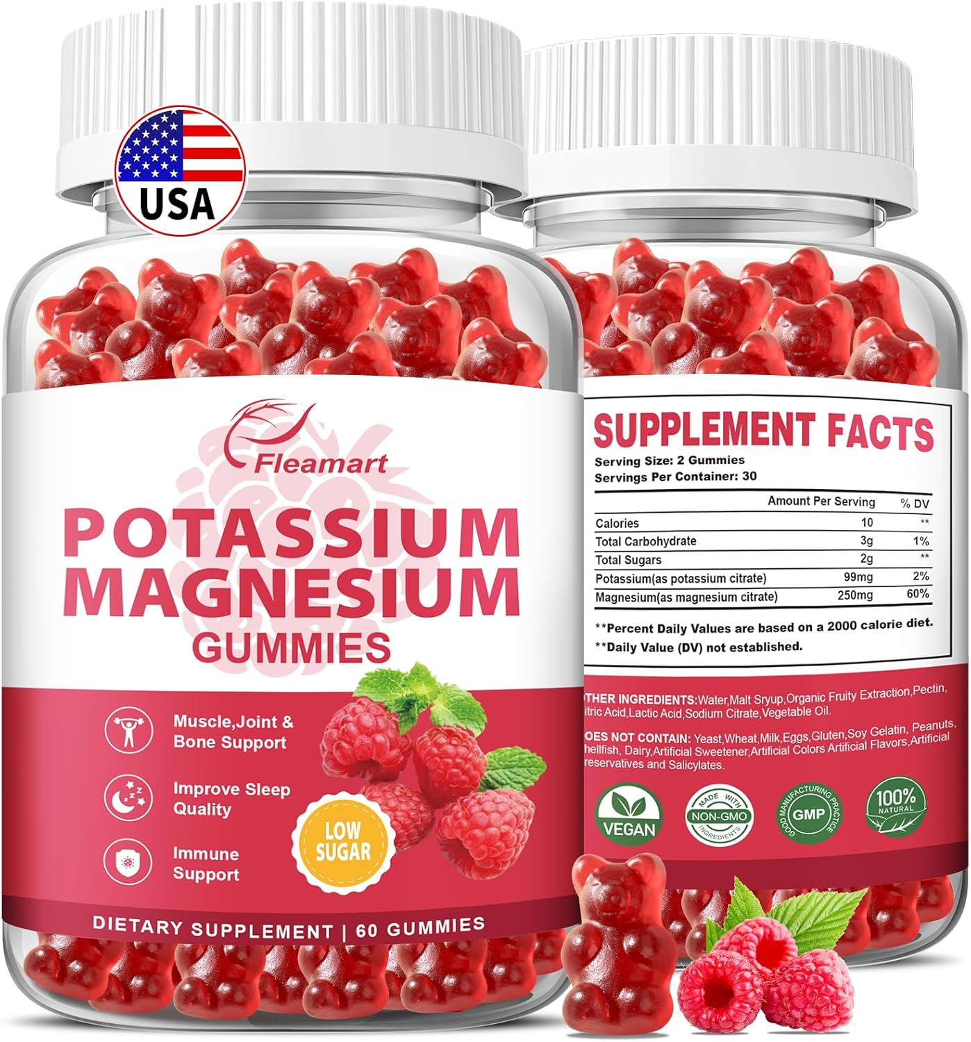 Potassium Magnesium Gummies: Immune Support & Muscle Health Supplement, 99mg Potassium, 250mg Magnesium Citrate, 60 Raspberry Gummies - 2 Pack