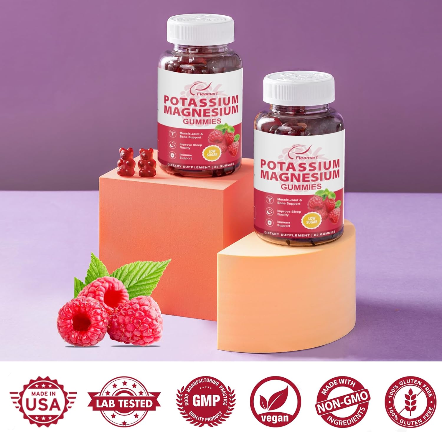 Potassium Magnesium Gummies: Immune Support & Muscle Health Supplement, 99mg Potassium, 250mg Magnesium Citrate, 60 Raspberry Gummies - 2 Pack