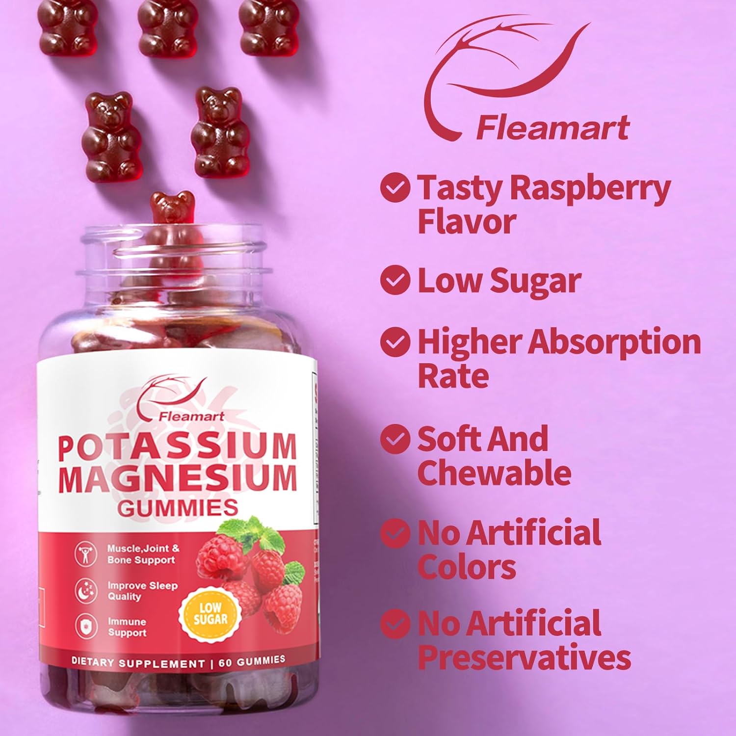 Potassium Magnesium Gummies: Immune Support & Muscle Health Supplement, 99mg Potassium, 250mg Magnesium Citrate, 60 Raspberry Gummies - 2 Pack