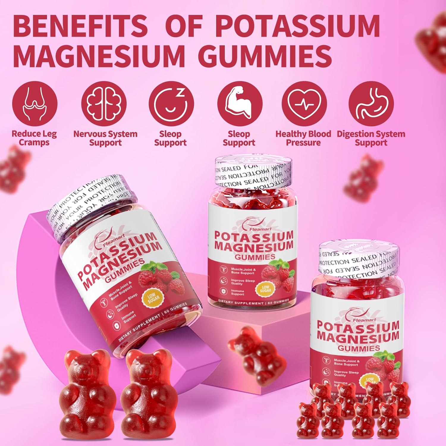 Potassium Magnesium Gummies: Immune Support & Muscle Health Supplement, 99mg Potassium, 250mg Magnesium Citrate, 60 Raspberry Gummies - 2 Pack