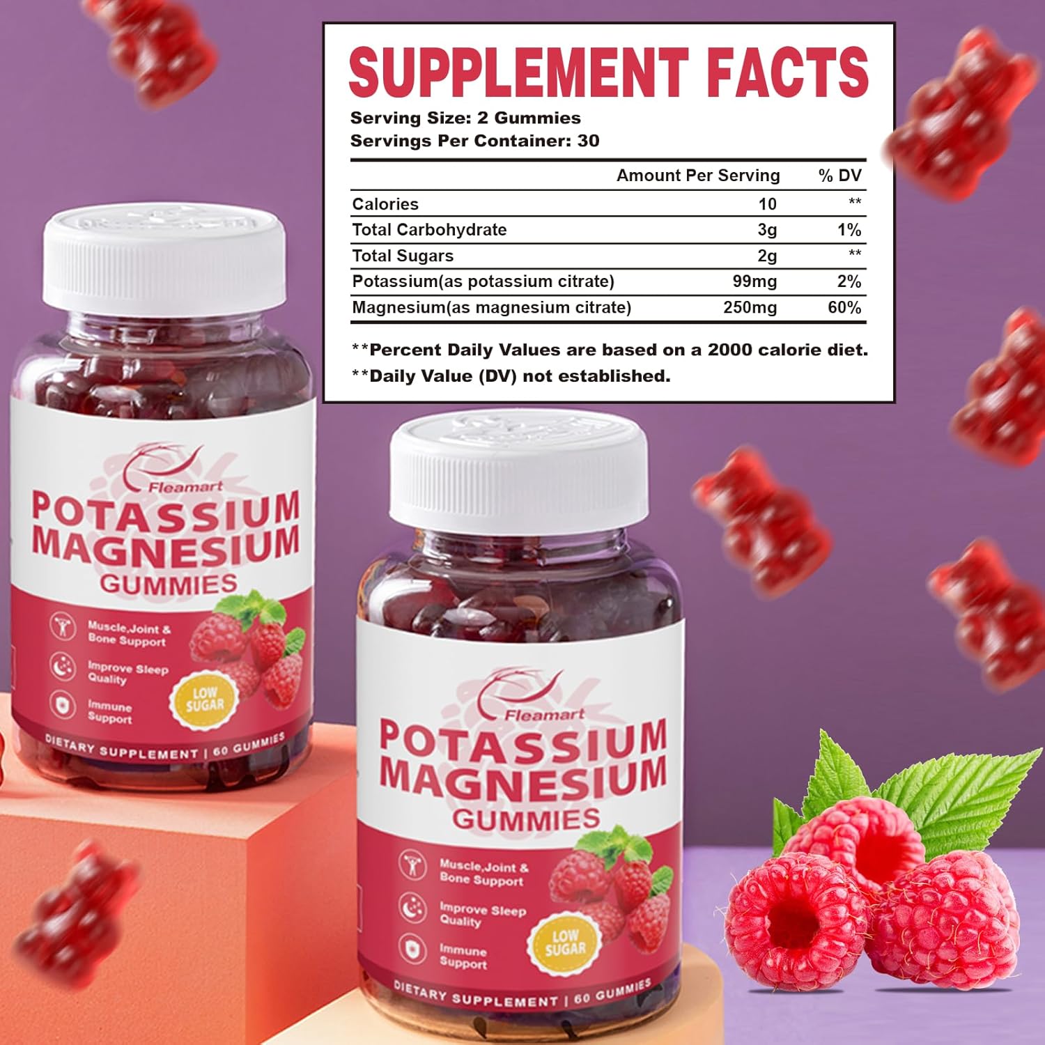 Potassium Magnesium Gummies: Immune Support & Muscle Health Supplement, 99mg Potassium, 250mg Magnesium Citrate, 60 Raspberry Gummies - 2 Pack