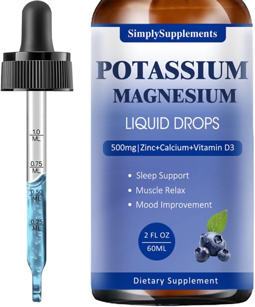 Potassium Magnesium Liquid Drops Supplement with Calcium, Zinc, Vitamin B6 & D3 - Energy, Bone, Muscle Support - 2 Fl oz