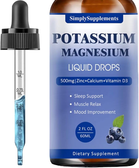 Potassium Magnesium Liquid Drops Supplement with Calcium, Zinc, Vitamin B6 & D3 - Energy, Bone, Muscle Support - 2 Fl oz