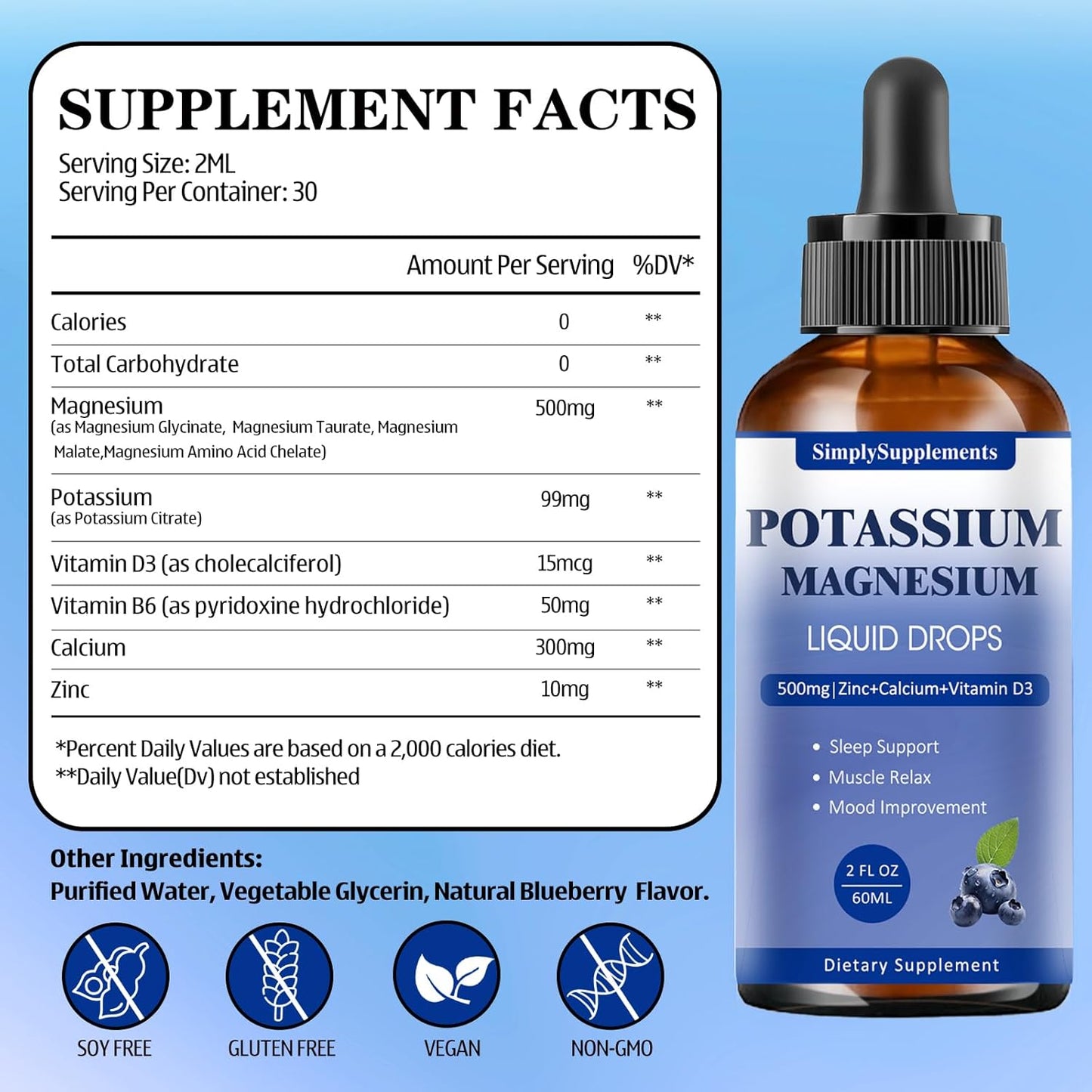 Potassium Magnesium Liquid Drops Supplement with Calcium, Zinc, Vitamin B6 & D3 - Energy, Bone, Muscle Support - 2 Fl oz