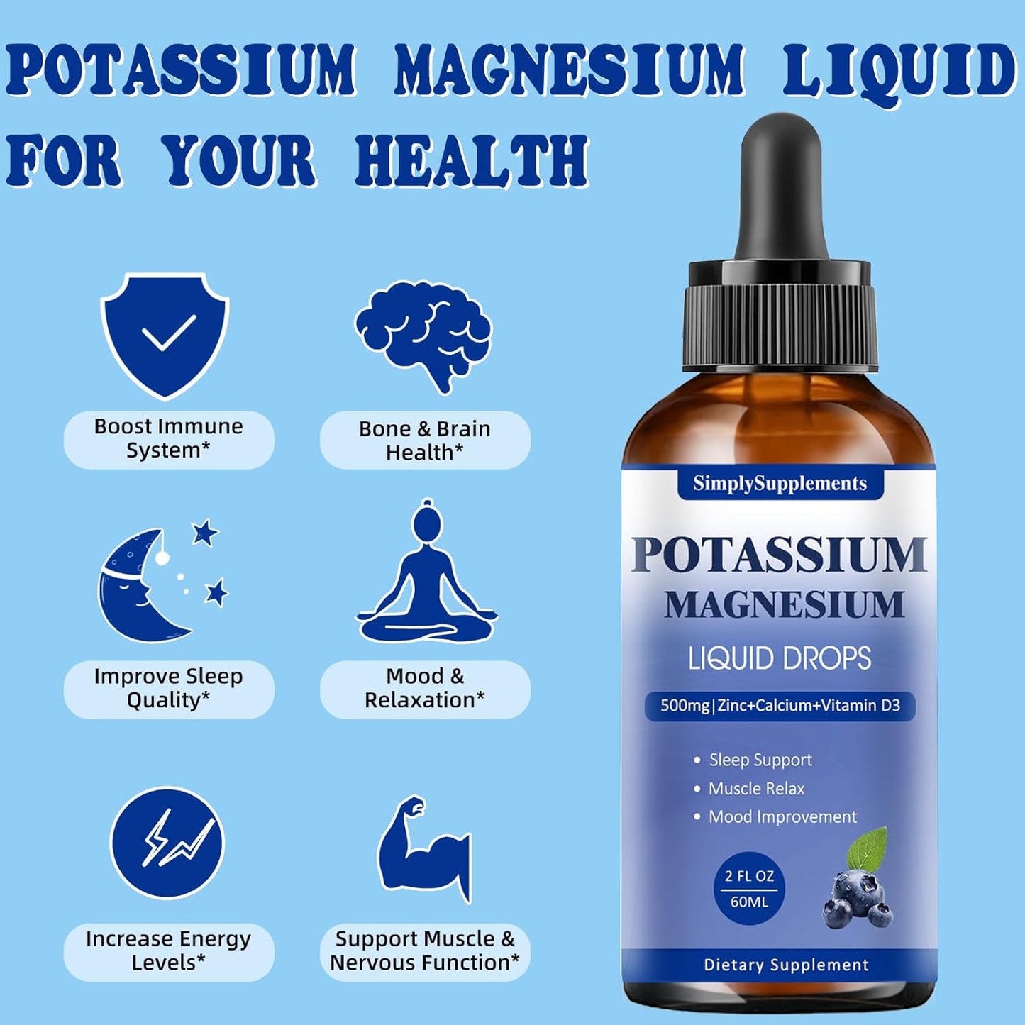Potassium Magnesium Liquid Drops Supplement with Calcium, Zinc, Vitamin B6 & D3 - Energy, Bone, Muscle Support - 2 Fl oz