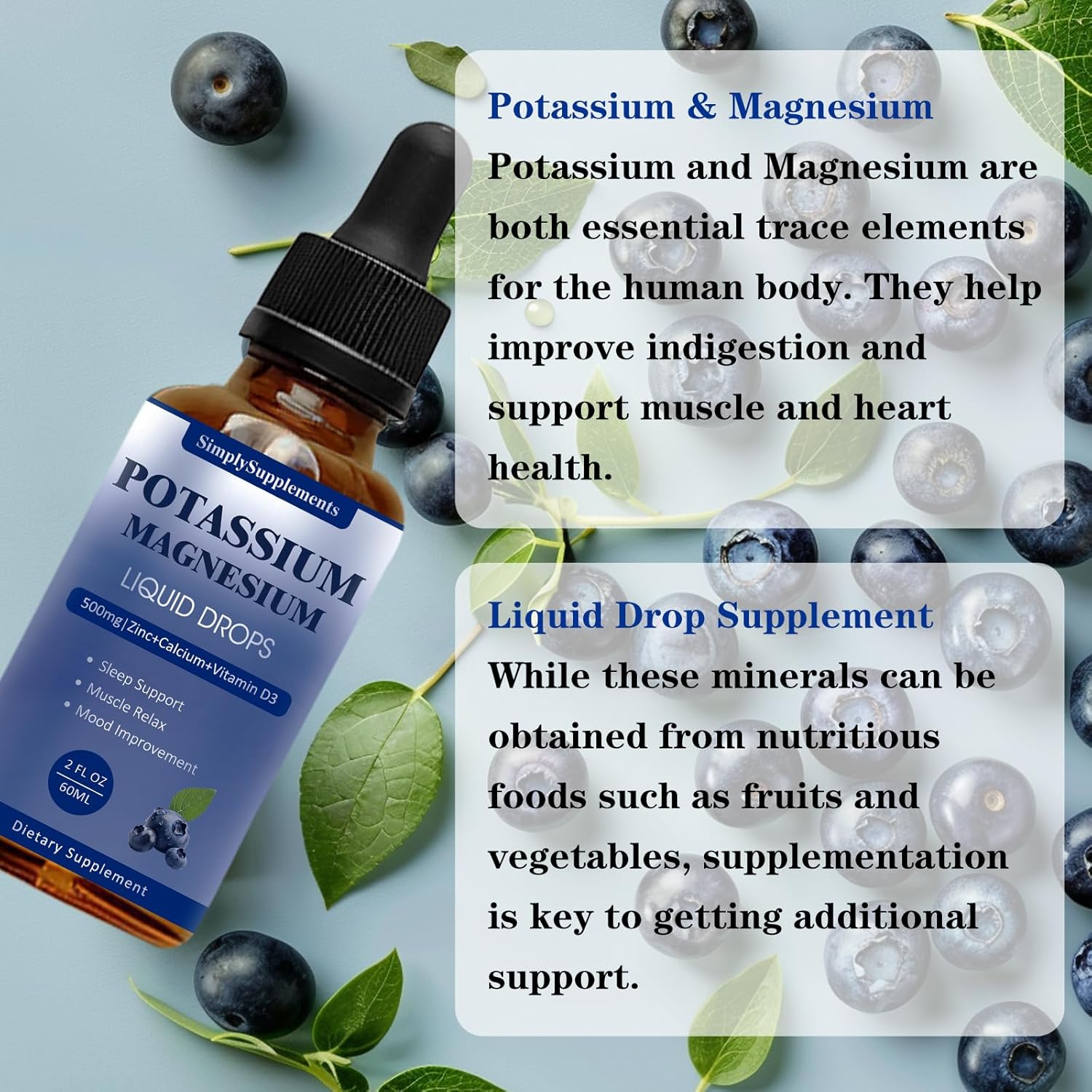 Potassium Magnesium Liquid Drops Supplement with Calcium, Zinc, Vitamin B6 & D3 - Energy, Bone, Muscle Support - 2 Fl oz