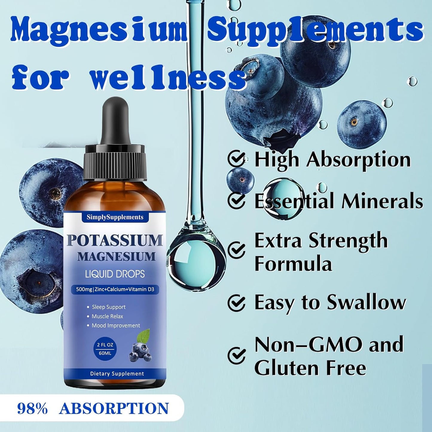 Potassium Magnesium Liquid Drops Supplement with Calcium, Zinc, Vitamin B6 & D3 - Energy, Bone, Muscle Support - 2 Fl oz