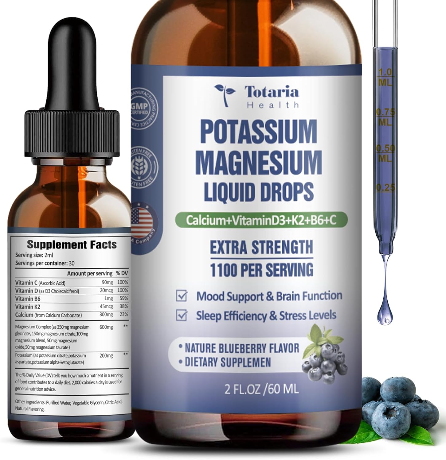 Potassium Magnesium Liquid Drops with Vitamin K2 - High Absorption Complex for Bone and Muscle Support with Blueberry Flavor