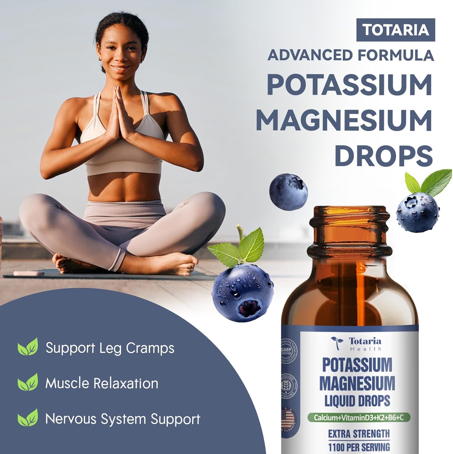 Potassium Magnesium Liquid Drops with Vitamin K2 - High Absorption Complex for Bone and Muscle Support with Blueberry Flavor