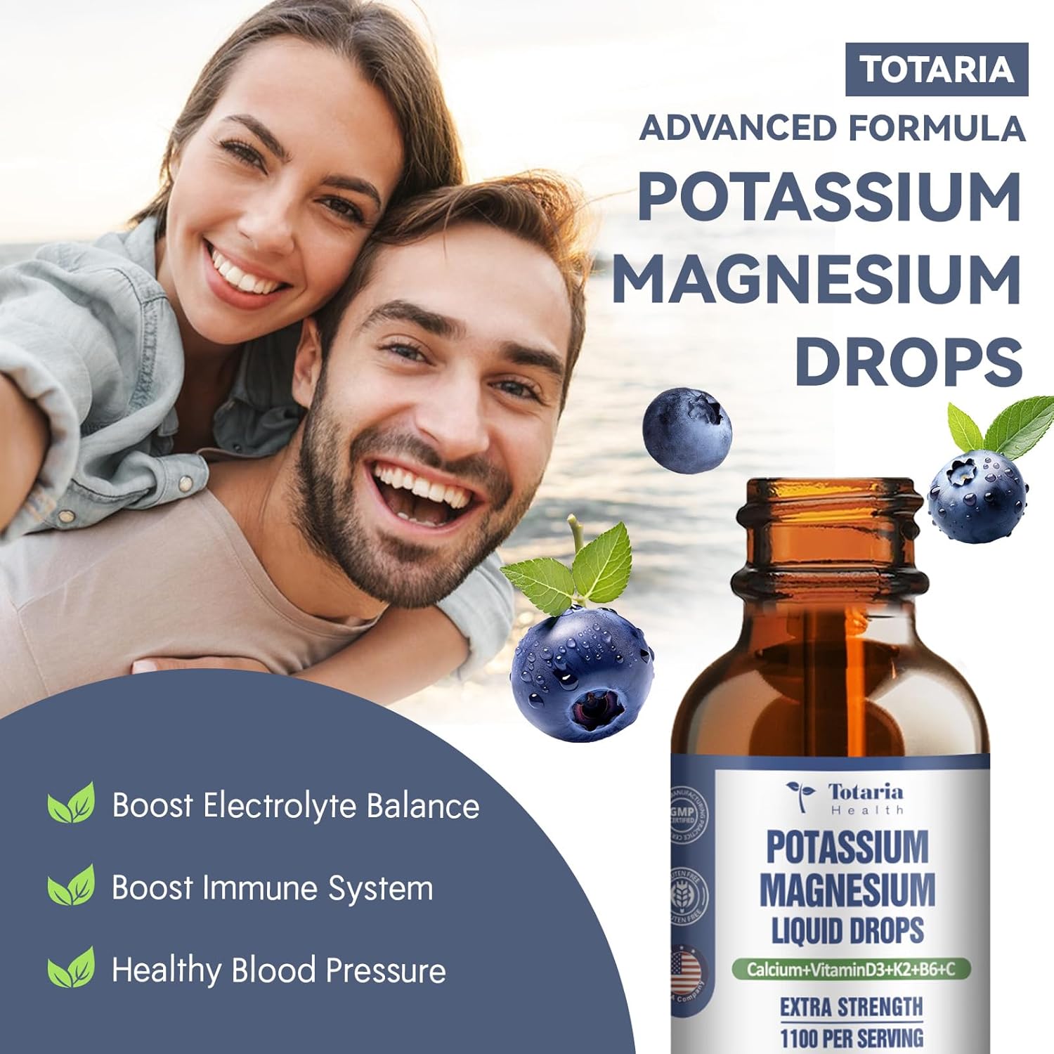 Potassium Magnesium Liquid Drops with Vitamin K2 - High Absorption Complex for Bone and Muscle Support with Blueberry Flavor