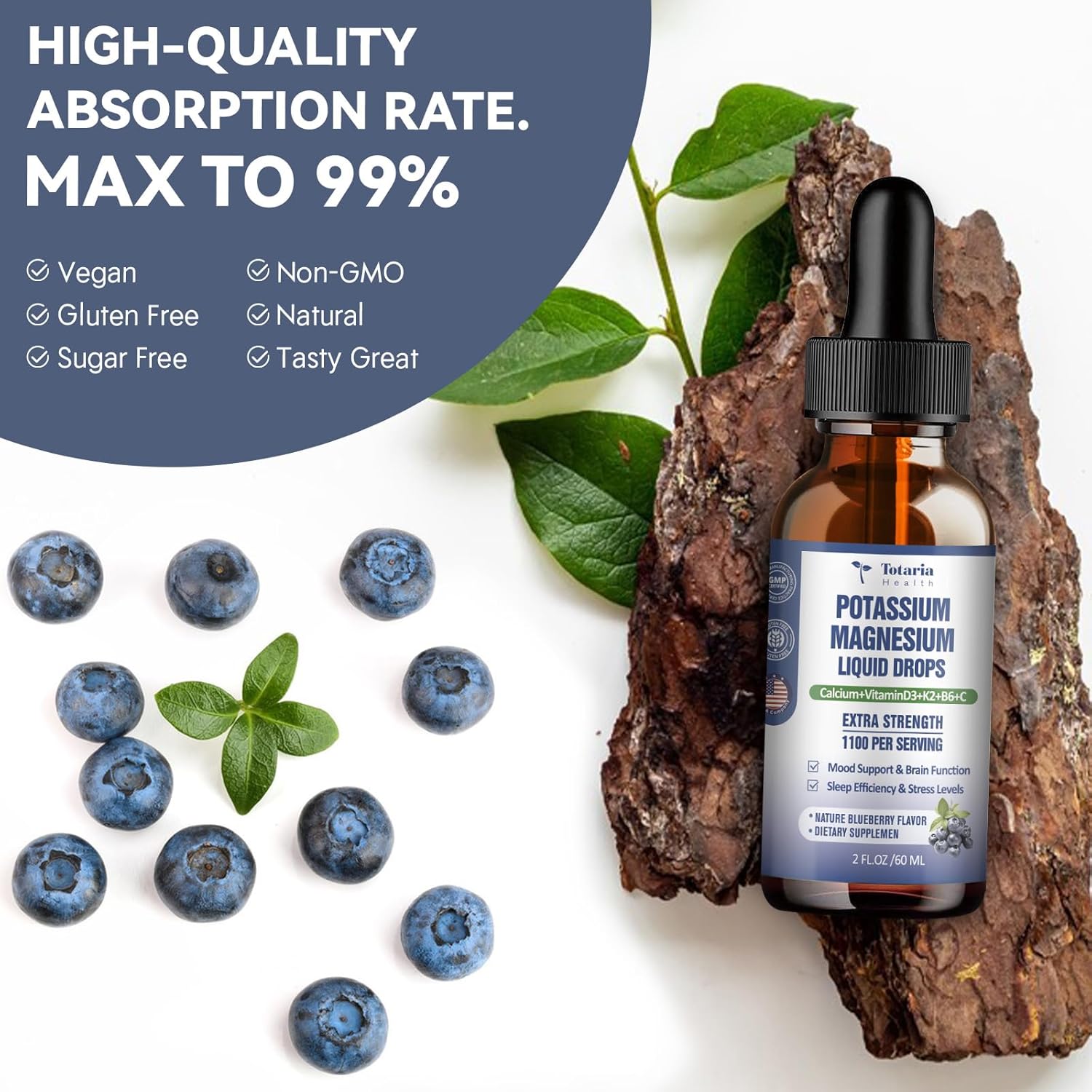Potassium Magnesium Liquid Drops with Vitamin K2 - High Absorption Complex for Bone and Muscle Support with Blueberry Flavor